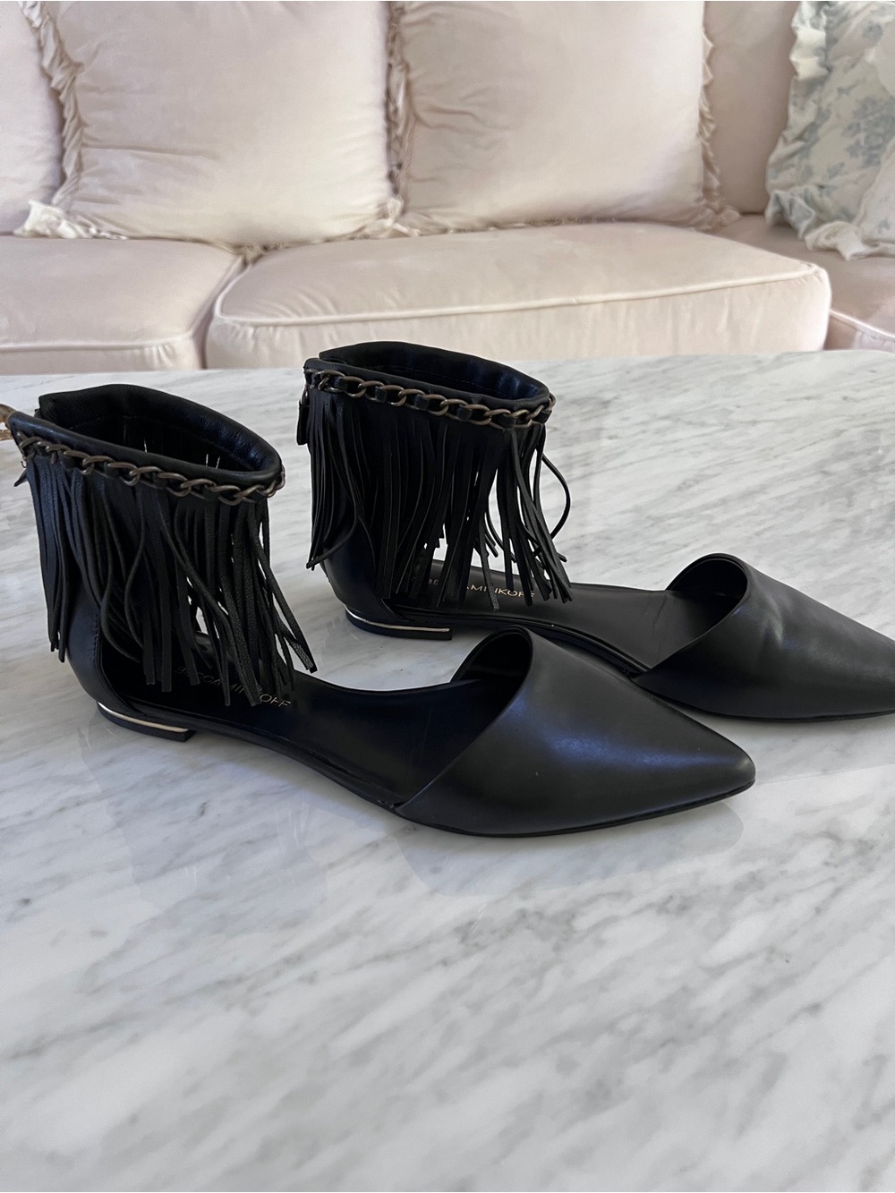 Rebecca Minkoff Black Pointed Fringe Ankle-Chain Flats